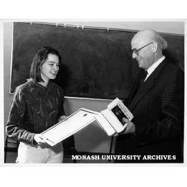 Rebecca Northeast receiving Goethe Prize from German Vice-Consul Mr Hans Mullers