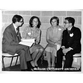 Guests at opening of Japanese teaching seminar, from left: Professor J. V. Neustupny, Ms Jo-Anne Green, Mrs Dianne Adkins, and Mr W. Miyakawa, Consul General for Japan
