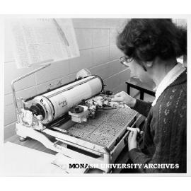 Mrs Sachi Roadley operating mechanical Japanese typewriter