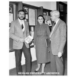 Dr Pavel Petr (left), Mrs Susan Radvansky, and Professor Leslie Bodi, at opening of Franz Kafka Centennial Exhibition