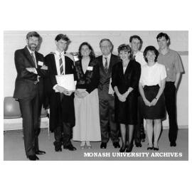 Materials Engineering department prize winners, from left: chairman Professor P. L. Rossiter , Oliver Schmidt, Dr Anita Hill, Noel Clothier, Samantha Read, Scott Story, Elizabeth Warren, and Richard Walters