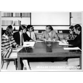 Alfred Hospital staff student group planning Teach-In on the Future of Health Care, from left: Heather Torrens, Finlay Macrae, Siew Meng Ling, Professor B. Hetzel, Margaret Kinnaird and Dr R. F. Harbison