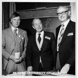 President of Astronomical Society of Australia, Professor W. Christiansen (centre), with Professors Ron Brown (left) and R. van der Borght at annual general meeting