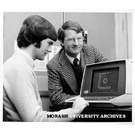Student Kerry Hourigan (left) and Dr Andrew Prentice checking findings