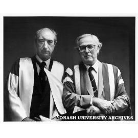 Professor C. H. B. Priestley (left), with Chancellor Sir Richard Eggleston, after award of honorary Doctorate of Science