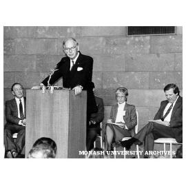 Opening of Symposium of International Musicological Society, from left: Sir Rupert Hamer, Governor General Sir Ninian Stephen, symposium director Dr Margaret Kartomi, and Vice-Chancellor Professor Mal Logan