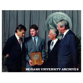 Domenic Bruehwiler (second left) winner of J. W. Dodds Memorial Medal, with from left: Dean of Engineering Professor Peter Darvall, manager engineering Clyde-Riley Dodds Mr R. G. Austin; and departmental chairman Professor John Crisp