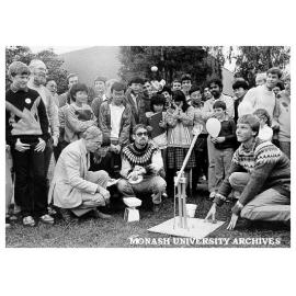 Great David Sanders rubber band ballistic egg competition. Winner of a second-year Mechanical Engineering project set by Mr Charles Ambrose (front left) and Mr Bruce Kuhnell (front centre)