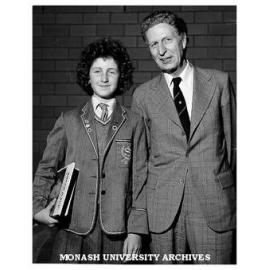 Former Dean of Engineering, Professor Ken Hunt at function at Deakin Hall (with unidentified female student)