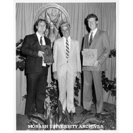Joint winners of J. W. Dodds Memorial Medal Andrew Dyer (left) and David Reid with Mr Ray Austin of Clyde-Riley Dodds