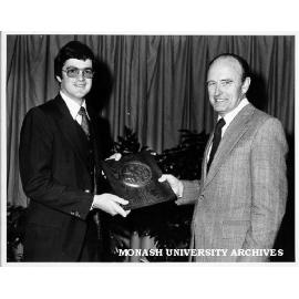 Garry Flanigan, winner of J. W. Dodd Memorial Prize with Mr Gordon Page acting general manager of Clyde-Riley Dodds