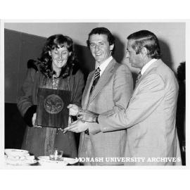 Denis Blom (centre) with wife Anne, receiving J. W. Dodds Memorial Prize from Professor John Crisp