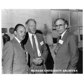 Professor Lance Endersbee (left), Mr Ern Robson and Mr Charles Ambrose at launch of rotary regenerative heat exchanger dissemination phase at APPM paper mill in Ballarat