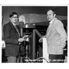 Associate Professor Arthur Williams (left) and Dr David Boger with test rig developed to study heat transfer