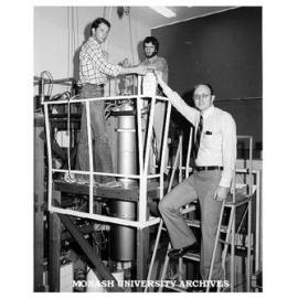 Dr John Barclay (right) and students Oscar Moze (left) and Lincoln Paterson working on magnetic refrigerator prototype