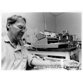 Associate Professor Rod Westerman being tested with laser Doppler flowmeter