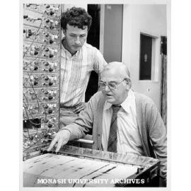 Dr Jeremy Singer (left) and Professor Geoffrey Thorburn studying cortical, muscular and breathing patterns of foetal sheep