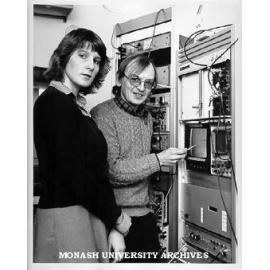 Physiologist Dr David Hirst and technician Cathie Broben examining arteriole responses to stimulation