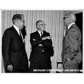Emeritus Professor A. K. McIntyre (centre) with former Vice-Chancellor Sir Louis Matheson (right) and Mr Ian Langlands