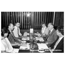 Lunch at University Club for visiting Yugoslav Ambassador Dr Boris Cizelj. From left: Dr Millicent Vladiv, Dr Cizelj, Professor Jiri Marvan, Mrs Cizelj, Acting Vice-Chancellor Professor Ian Polmear and Professor John Hay