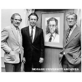 Professor John Swan next to portrait by Rick Amor, with Vice-Chancellor Professor Ray Martin (left) and Professor Ross Day