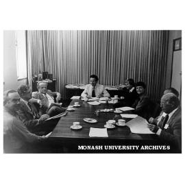 Universities Council visit to Science faculty. From left: Professor J. Warren, Professor R. H. Day, Professor N. Dunbar (Chairman UC), Professor J. M. Swan, Mr K. Huss, Dame Leonie Kramer, Professor R. Brown, Mr Rowland