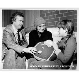 Convenor of Social Work's foster grandparents scheme, Mr Cliff Picton and prospective foster grandparent Miss Marjorie Hinde (with unidentified child)