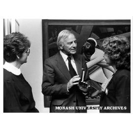 Reverend Professor Davis McCaughey at opening of exhibition of Blake Prize winners with Professor Margaret Plant (right) and unidentified woman (left)