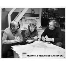 Professor Margaret Plant with architects Jaroslav Safer (left) and Daryl Jackson and plans for new gallery building