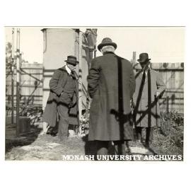 Sir John Monash (left, with unidentified men) at construction site, Wodonga Sub-station, Albury May 1926