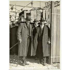 Sir John Monash (right) with Sir Robert Gibson (centre)and unidentified man (left) at construction site, Wodonga Sub-station, Albury, May 1926