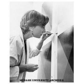 Conservator Robin Sloggert working on Mike Brown's untitled work, circa 1965