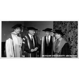 Foundation Professor of Visual Arts Patrick McCaughey (left), after receiving honorary Doctor of Letters with Governor Dr Davis McCaughey, Chancellor Sir George Lush, and chairman of Visual Arts Professor Margaret Plant