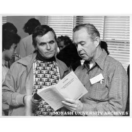 Professor Jim Warren (right) talking to prospective student, Open Day 1981
