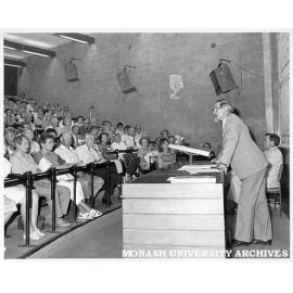 Vice-Chancellor Ray Martin opening University of the Third Age at Monash (Director of the Centre for Continuing Education, Dr J. A. McDonnel, seated on right)