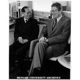 Mr Son Sann, Prime Minister of Kampuchea and Associate Professor David Chandler, research director of Centre for Southeast Asian Studies