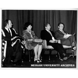 Opening of Krongold Centre, from left: Vice-Chancellor Professor W. A. G. Scott (left), Mrs Dinah Krongold, Mr Henry Krongold, and Prime Minister Mr Malcolm Fraser