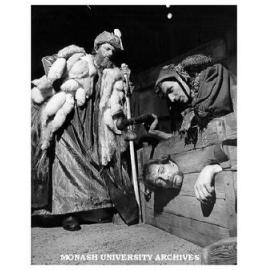 Scene from 'King Lear'. Lear (Reg Evans) and the Fool (Joe Bolza) discover Kent (Robert Bell) in the stocks