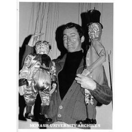 Phillip Edmiston producer with marionettes from 'The Grand Adventure' with 2 of the cast of 100 marionettes