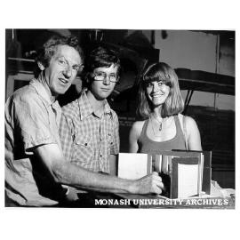 Set designer Graham McGuffie with students James McDougall and Margaret Meyer