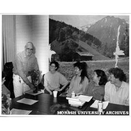 Richard Pannell presenting Playwrights on the Skids prize to Ms Margaret Mappin (second left) for her play 'Double Storeys'