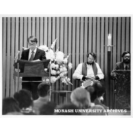 Dean of Humanities at Deakin, Dr Max Charlesworth speaking at service to mark start of academic year, Religious Centre, Clayton Campus
