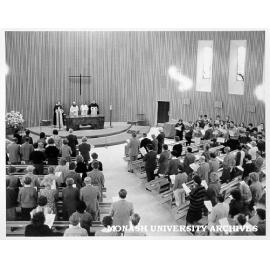 Silver Jubilee Thanksgiving Service in the Religious Centre, Clayton Campus. Officiating, from left: Father Laurie Foote, Pastor Peter Pfitzner, Rev. Philip Huggins and Rev. Peter Knowles