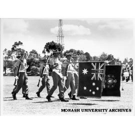 Presentation of Colours Parade, Senior Major Bob Hart and Junior Major Harry Guavin moving forward with uncased colors