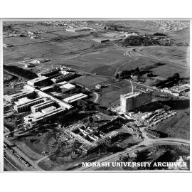 Aerial view of Science and Humanities buildings from south west, with foundations of Medicine buildings in foreground