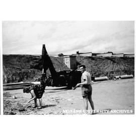 Construction site (possibly Union building), 26 January 1961, with Audrey and Stephen Matheson in foreground