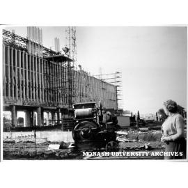 Construction of Arts building, 19 May 1962, with Audrey Matheson in foreground.