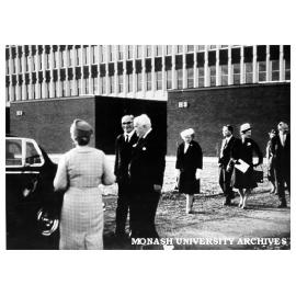 Official party after opening of Menzies building, August 1963. Dr Louis Matheson and R. G. Menzies at centre