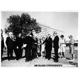 Ceremony to drive first peg for Religious Centre, Premier Henry Bolte centre, 16 March 1967