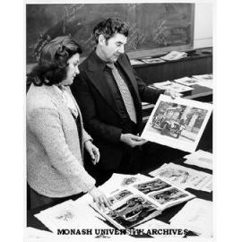 Librarian Marta Chiba and Hugh Tranter, chief technical officer in Mechanical Engineering choosing exhibition material